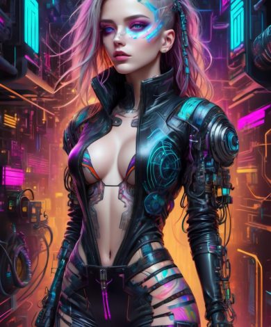 Beautiful Cyberpunk Female character. Female cyborg with futuristic hairstyle and makeup, Cyberpunk metaverse character. Concept art.